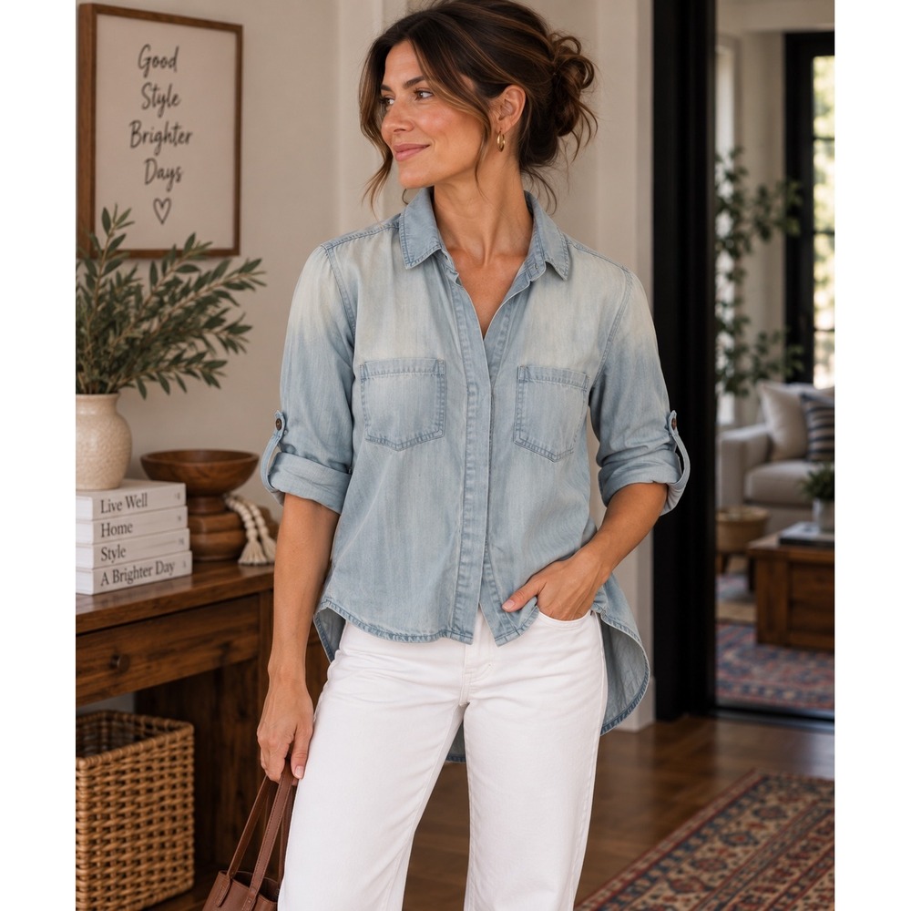 Cloth & Stone Anthropologie XS Blue Tencel Chambray Shirt Roll Tab High Low